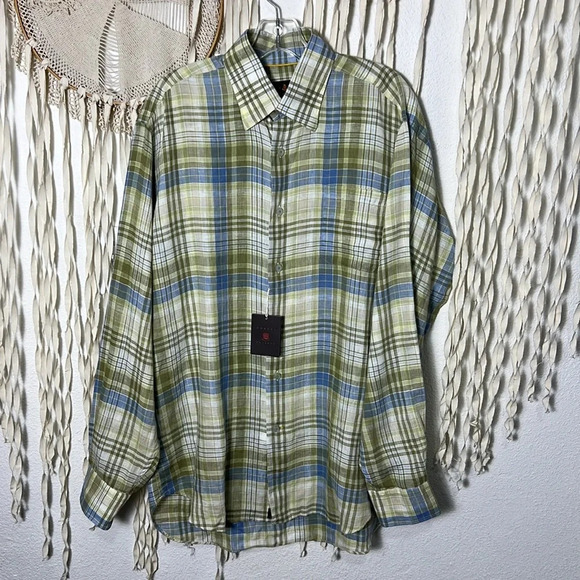 Robert Talbott NWT Plaid Linen Long Sleeve Button Down Shirt Size M - Picture 1 of 11